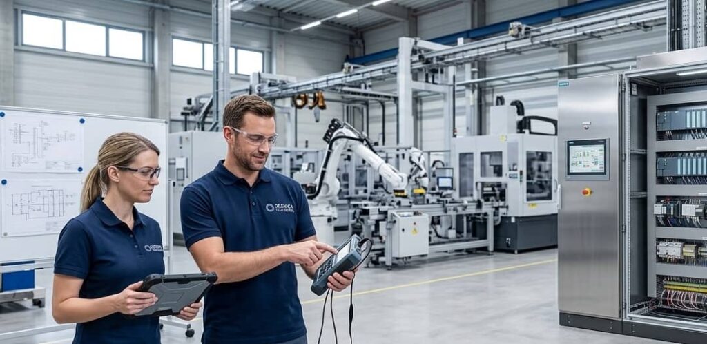 Ingenieros de Ogenica revisando una instalación de automatización industrial con armarios de control, PLCs Siemens y pantallas HMI.